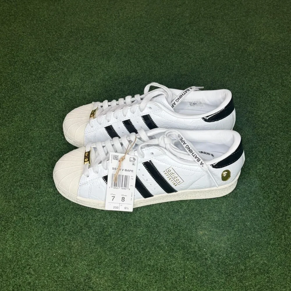 Sz 7 Adidas Originals x BAPE Superstar FTWWHT/CBLACK/OWHITE JR2701